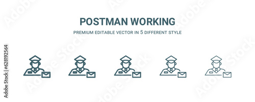 postman working icon in 5 different style. Thin, light, regular, bold, black postman working icon isolated on white background.