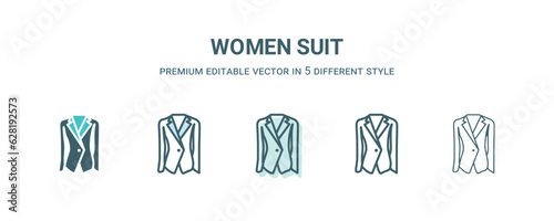 women suit icon in 5 different style. Outline  filled  two color  thin women suit icon isolated on white background. Editable vector can be used web and mobile