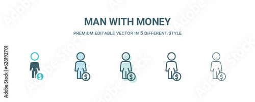 man with money icon in 5 different style. Outline, filled, two color, thin man with money icon isolated on white background. Editable vector can be used web and mobile © Abstract