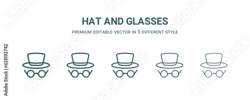 hat and glasses icon in 5 different style. Thin, light, regular, bold, black hat and glasses icon isolated on white background.