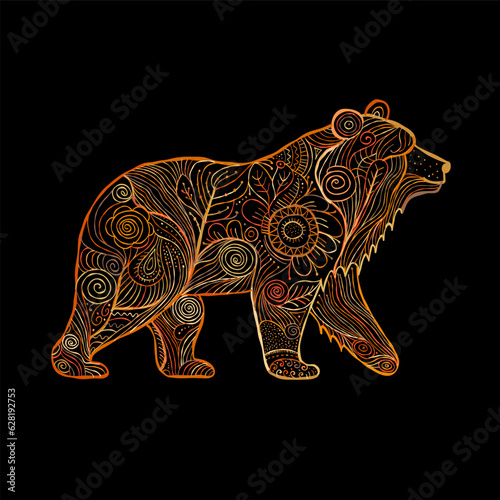 Bear character with abstract Floral Ornament isolated on black