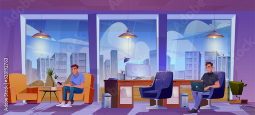 Man in room with window workplace vector interior background. Cityscape and rain weather view from corporate workspace business illustration. Cabinet with desktop, chair, plant and male character