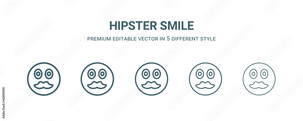 hipster smile icon in 5 different style. Thin, light, regular, bold, black hipster smile icon isolated on white background. hipster smile icon in 5 different style. Thin, light, regular, bold, black hipster smile icon isolated on white background.