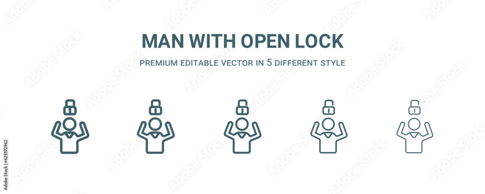 man with open lock icon in 5 different style. Thin, light, regular, bold, black man with open lock icon isolated on white background. man with open lock icon in 5 different style. Thin, light, regular, bold, black man with open lock icon isolated on white background.