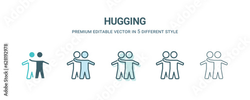 hugging icon in 5 different style. Outline  filled  two color  thin hugging icon isolated on white background. Editable vector can be used web and mobile