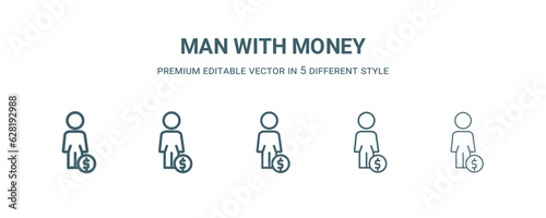 man with money icon in 5 different style. Thin, light, regular, bold, black man with money icon isolated on white background.