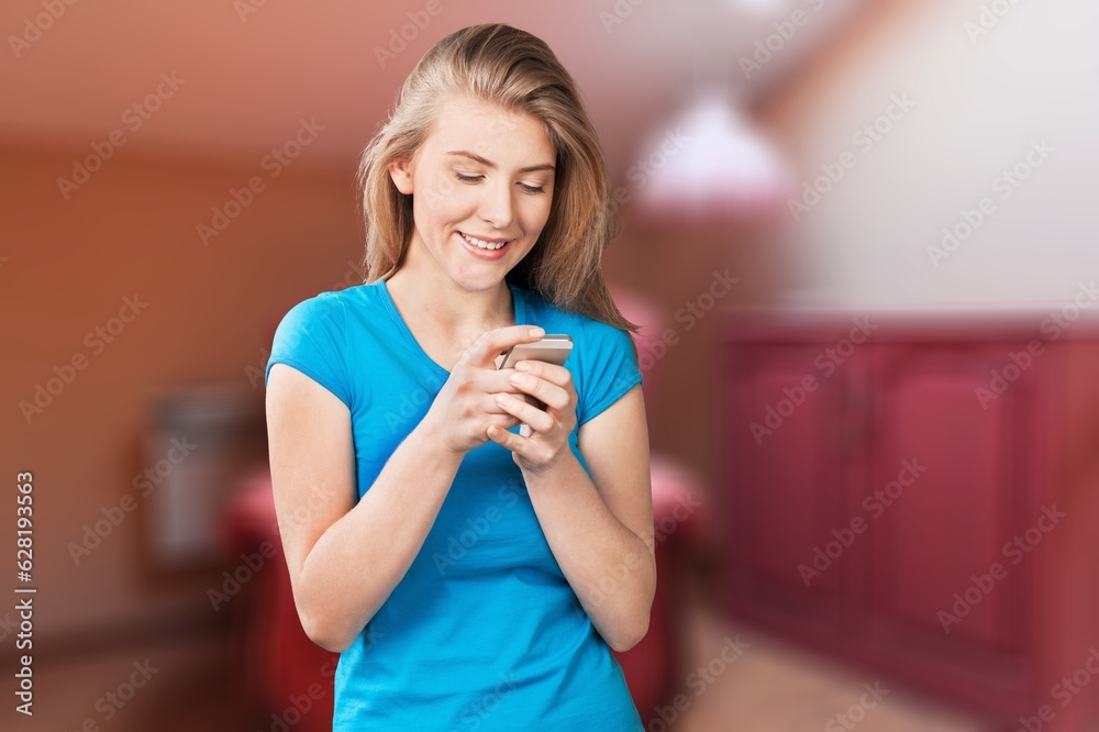 Happy young woman texting messaging on phone, Happy young woman texting messaging on phone,