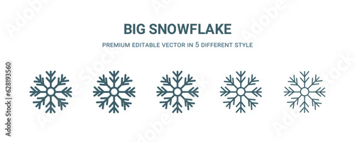 big snowflake icon in 5 different style. Thin, light, regular, bold, black big snowflake icon isolated on white background.