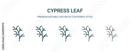 cypress leaf icon in 5 different style. Thin, light, regular, bold, black cypress leaf icon isolated on white background.