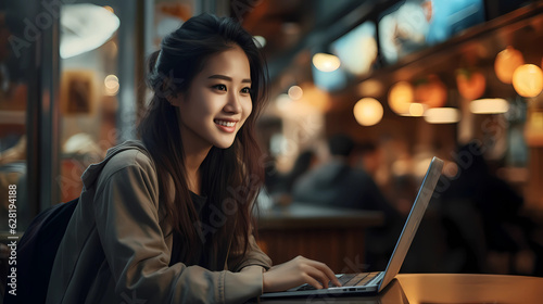 beautiful Asian woman is smiling while looking at a laptop