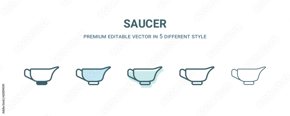 saucer icon in 5 different style. Outline, filled, two color, thin saucer icon isolated on white background. Editable vector can be used web and mobile saucer icon in 5 different style. Outline, filled, two color, thin saucer icon isolated on white background. Editable vector can be used web and mobile
