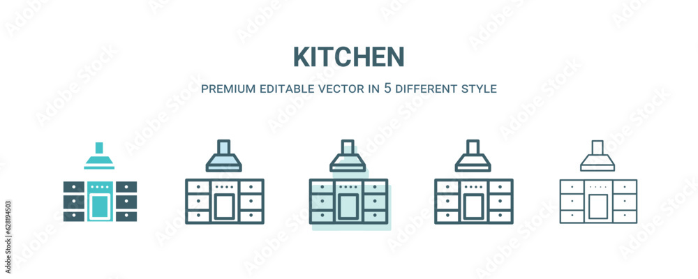 kitchen icon in 5 different style. Outline, filled, two color, thin kitchen icon isolated on white background. Editable vector can be used web and mobile