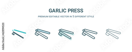 garlic press icon in 5 different style. Outline, filled, two color, thin garlic press icon isolated on white background. Editable vector can be used web and mobile