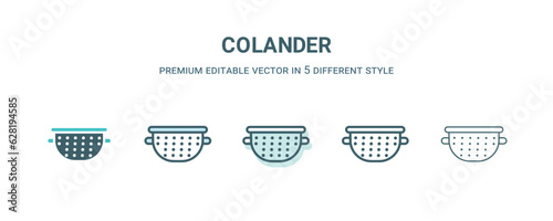 colander icon in 5 different style. Outline, filled, two color, thin colander icon isolated on white background. Editable vector can be used web and mobile