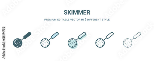 skimmer icon in 5 different style. Outline, filled, two color, thin skimmer icon isolated on white background. Editable vector can be used web and mobile