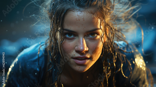 A close up of a person with wet hair.