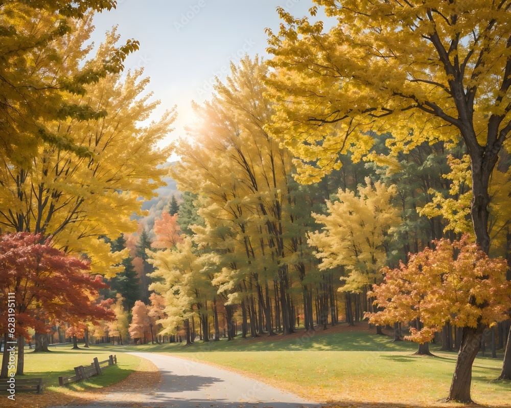 Beautiful autumn wallpaper landscape with colorful yellow golden trees in the park Beautiful autumn wallpaper landscape with colorful yellow golden trees in the park