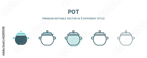 pot icon in 5 different style. Outline, filled, two color, thin pot icon isolated on white background. Editable vector can be used web and mobile