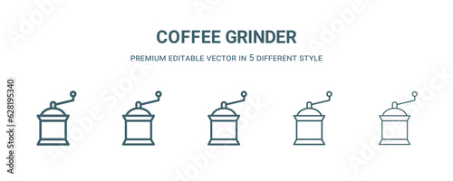coffee grinder icon in 5 different style. Thin, light, regular, bold, black coffee grinder icon isolated on white background. Editable vector