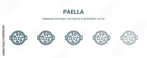 paella icon in 5 different style. Thin, light, regular, bold, black paella icon isolated on white background. Editable vector
