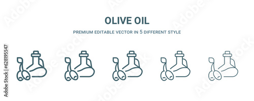 olive oil icon in 5 different style. Thin, light, regular, bold, black olive oil icon isolated on white background. Editable vector