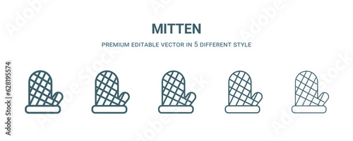 mitten icon in 5 different style. Thin, light, regular, bold, black mitten icon isolated on white background. Editable vector
