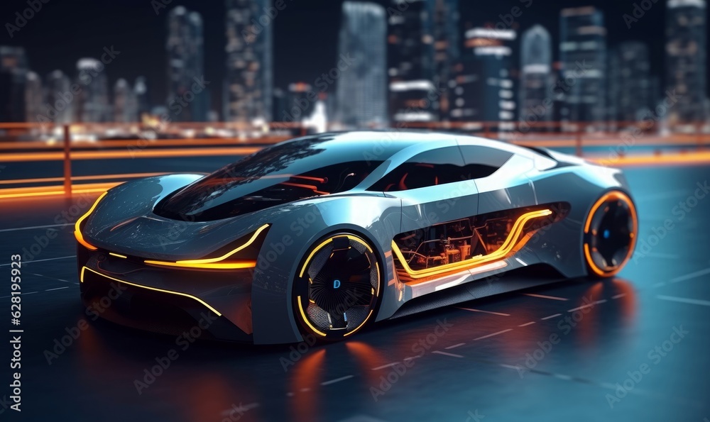 EV electric car system. futuristic car in night with morden light smart city, Generative AI