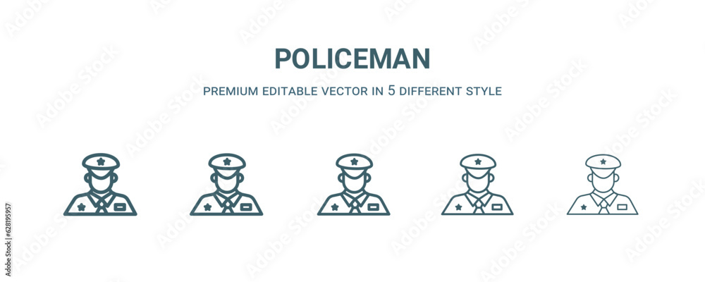policeman icon in 5 different style. Thin, light, regular, bold, black policeman icon isolated on white background. Editable vector policeman icon in 5 different style. Thin, light, regular, bold, black policeman icon isolated on white background. Editable vector