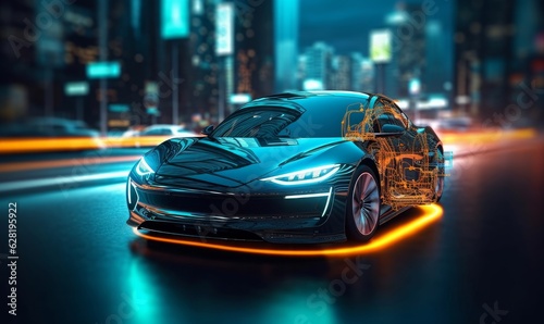EV electric car system. futuristic car in night with morden light smart city, Generative AI © Yash