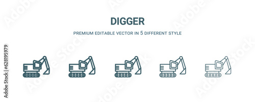 digger icon in 5 different style. Thin, light, regular, bold, black digger icon isolated on white background. Editable vector
