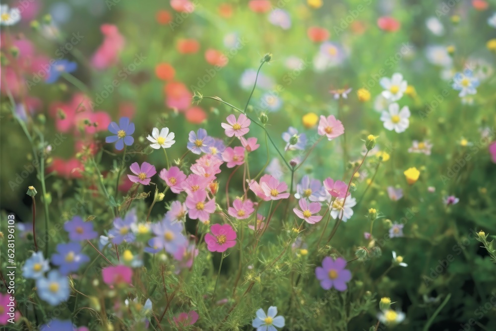 Field of colorful blooming cosmos flower in spring on morning Created with Generative AI technology. Field of colorful blooming cosmos flower in spring on morning Created with Generative AI technology.