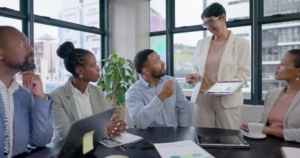 Tablet, talking and woman with presentation to business people in meeting for planning, marketing strategy or discussion of report, review or idea. Team, group or conversation of data with management