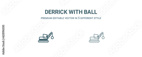 derrick with ball icon. Thin line derrick with ball icon from construction collection. Outline vector isolated on white background. Editable derrick with ball symbol can be used web and mobile