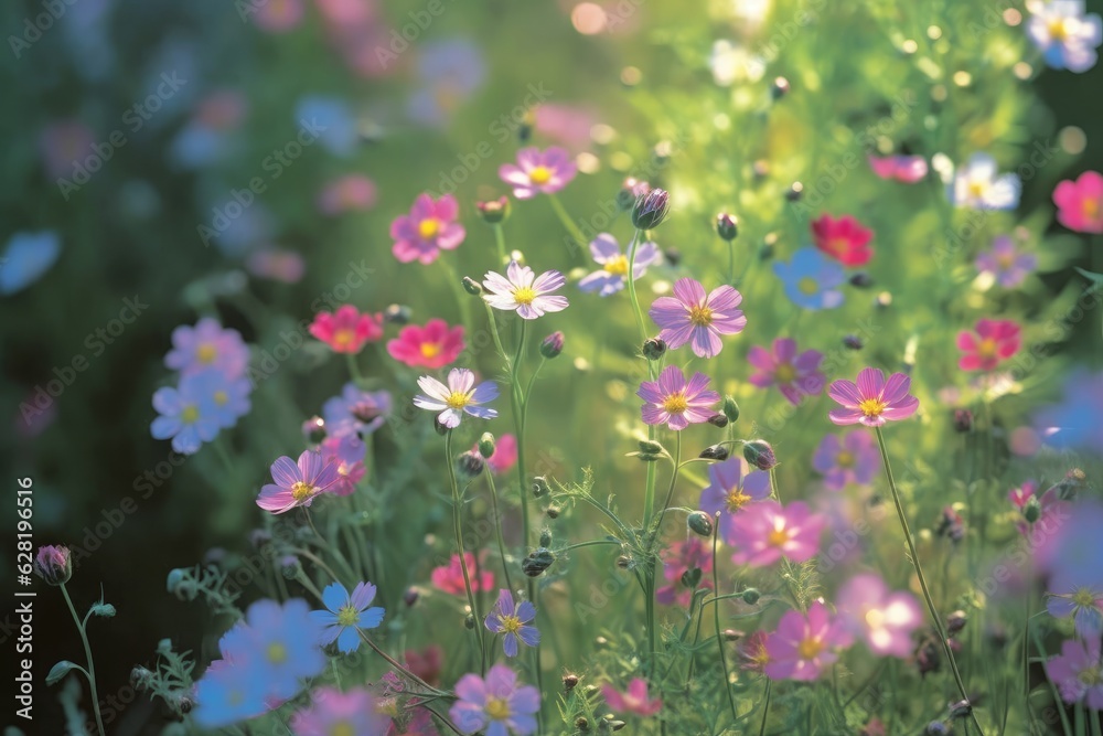 Field of colorful blooming cosmos flower in spring on morning Created with Generative AI technology. Field of colorful blooming cosmos flower in spring on morning Created with Generative AI technology.