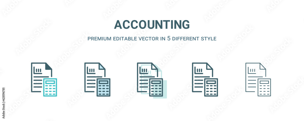 accounting icon in 5 different style. Outline, filled, two color, thin accounting icon isolated on white background. Editable vector can be used web and mobile accounting icon in 5 different style. Outline, filled, two color, thin accounting icon isolated on white background. Editable vector can be used web and mobile