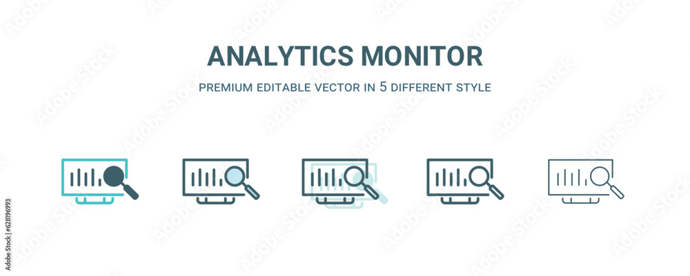 analytics monitor icon in 5 different style. Outline, filled, two color, thin analytics monitor icon isolated on white background. Editable vector can be used web and mobile