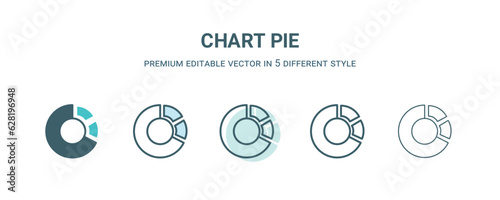 chart pie icon in 5 different style. Outline, filled, two color, thin chart pie icon isolated on white background. Editable vector can be used web and mobile