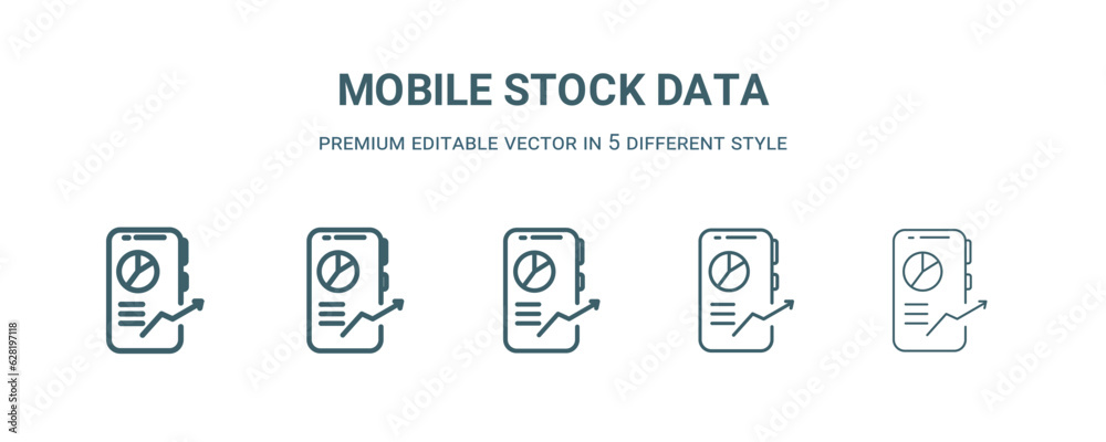 mobile stock data icon in 5 different style. Thin, light, regular, bold, black mobile stock data icon isolated on white background. Editable vector
