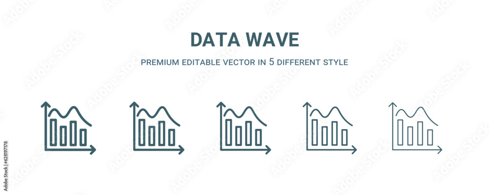 data wave icon in 5 different style. Thin, light, regular, bold, black data wave icon isolated on white background. Editable vector
