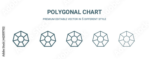 polygonal chart icon in 5 different style. Thin, light, regular, bold, black polygonal chart icon isolated on white background. Editable vector