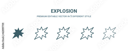 explosion icon in 5 different style. Outline  filled  two color  thin explosion icon isolated on white background. Editable vector can be used web and mobile