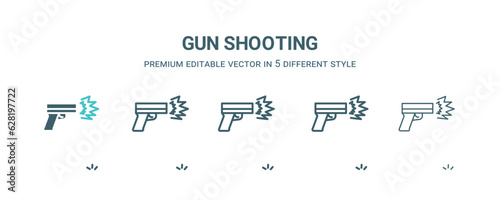 gun shooting icon in 5 different style. Outline, filled, two color, thin gun shooting icon isolated on white background. Editable vector can be used web and mobile