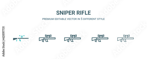 sniper rifle icon in 5 different style. Outline, filled, two color, thin sniper rifle icon isolated on white background. Editable vector can be used web and mobile