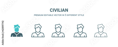 civilian icon in 5 different style. Outline, filled, two color, thin civilian icon isolated on white background. Editable vector can be used web and mobile