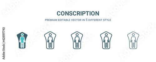 conscription icon in 5 different style. Outline, filled, two color, thin conscription icon isolated on white background. Editable vector can be used web and mobile