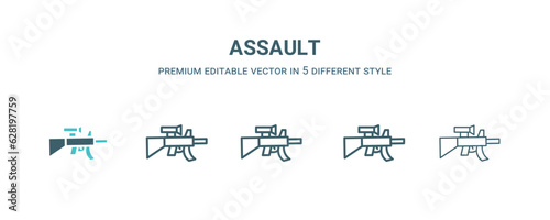 assault icon in 5 different style. Outline, filled, two color, thin assault icon isolated on white background. Editable vector can be used web and mobile