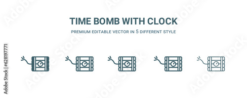 time bomb with clock icon in 5 different style. Outline, filled, two color, thin time bomb with clock icon isolated on white background. Editable vector can be used web and mobile
