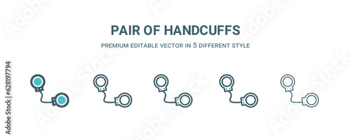 pair of handcuffs icon in 5 different style. Outline, filled, two color, thin pair of handcuffs icon isolated on white background. Editable vector can be used web and mobile