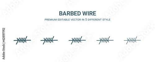 barbed wire icon in 5 different style. Thin, light, regular, bold, black barbed wire icon isolated on white background.