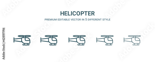 helicopter icon in 5 different style. Thin, light, regular, bold, black helicopter icon isolated on white background.